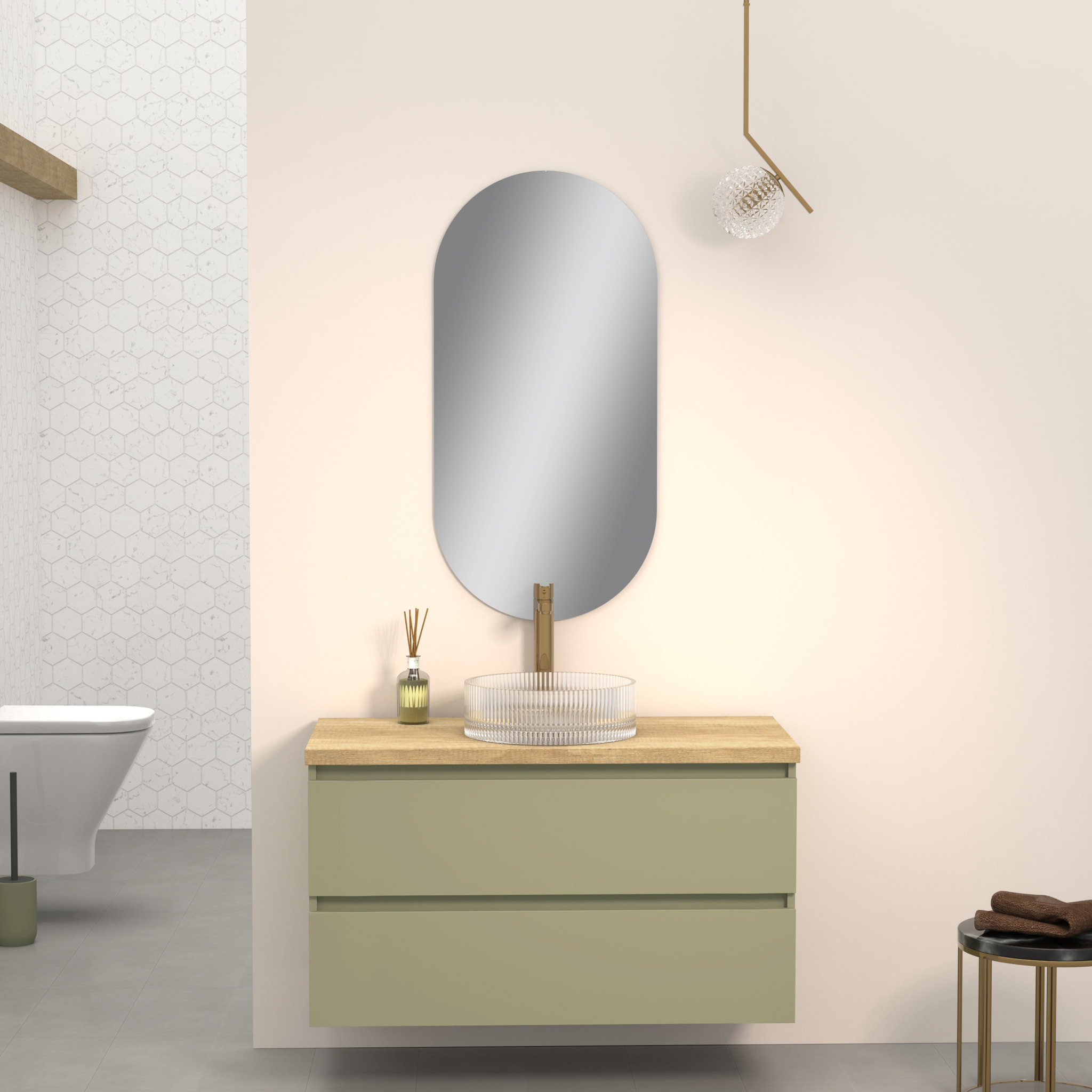 Ensemble de Salle de Bains Kub | Cactus Vert 100 cm | Deux Tiroirs | Évier en Verre | Miroir non inclus | Meubles Assemblés | Alday