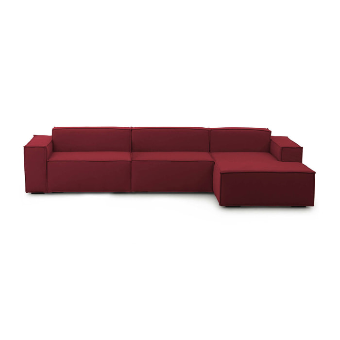 Divano fisso Raffaella, Divano componibile a 4 posti con penisola destra, 100% Made in Italy, Sofà moderno in tessuto, Cm 340x170h70, Rosso