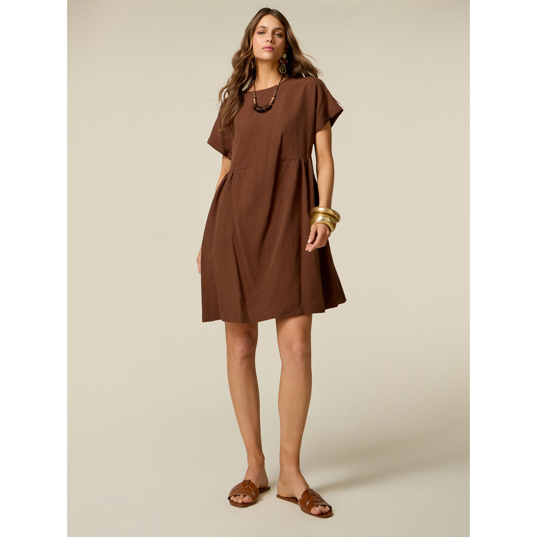 Oltre - Vestito flare misto lino con collana - Marrone