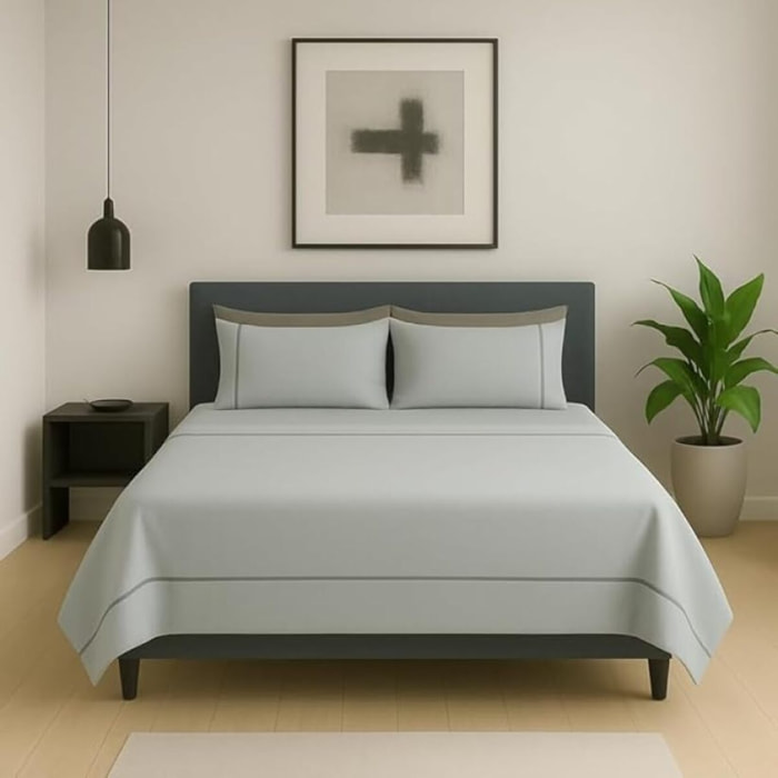 Completo lenzuola matrimoniale in cotone bicolore morbido e traspirante, set letto con lenzuolo sopra, sotto con angoli e 2 federe, design elegante con piping a contrasto, tessuto leggero e resistente 116 gsm, certificato OEKO-TEX, comfort quotidiano