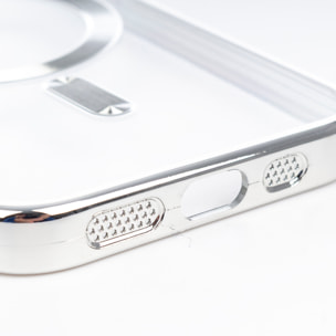 Carcasa transparente con cámara cubierta, bordes plateados, antichoque y antihuellas. Magsafe para iPhone 16.