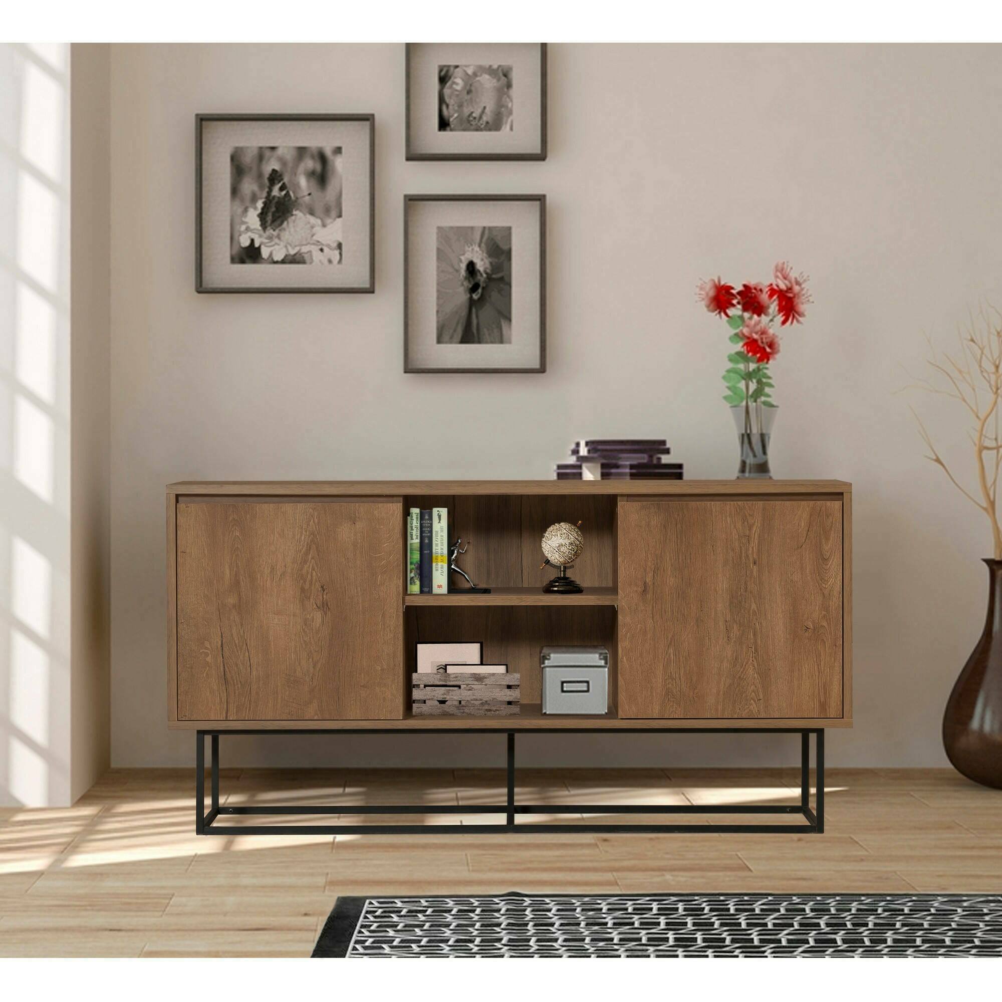 Credenza Deulofe, Buffet da soggiorno, Madia da salotto, Dispensa da cucina, 140x36h72 cm, Noce e Nero