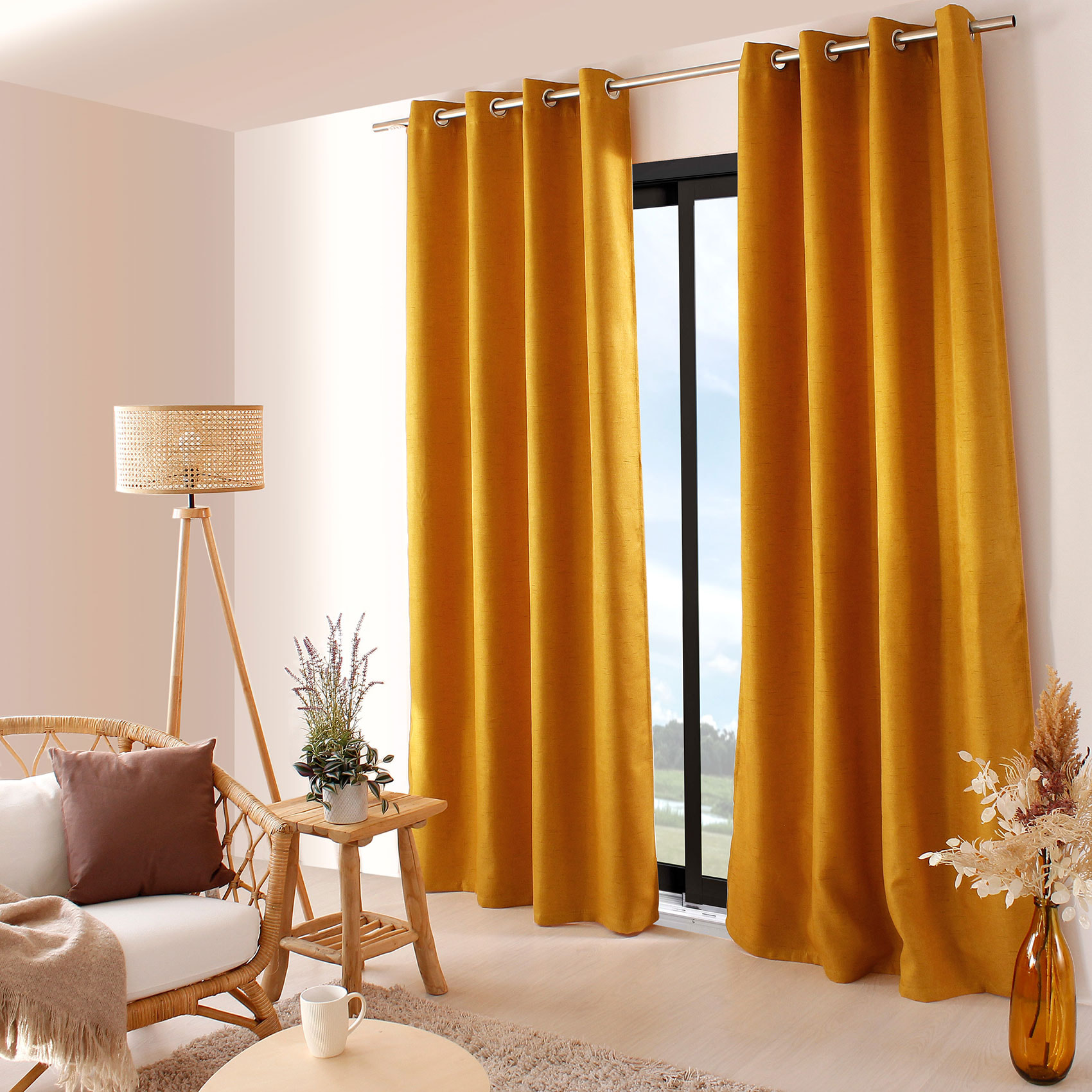 Rideau occultant uni et fileté - Jaune moutarde