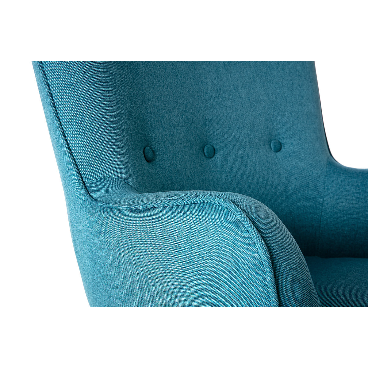 Fauteuil avec repose-pieds scandinave en tissu bleu canard et bois clair BRISTOL