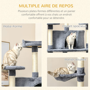 Arbre à chat multi-équipement griffoirs 2 niches 2 hamacs plateformes boules suspendues corde peluche grise