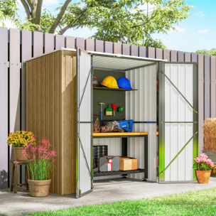 Caseta de Jardín Exterior 1,37 m², 163x89x163 cm, Cobertizo de Jardín Exterior Metálico con Techo Inclinado, Puertas con Pestillo y Guantes para Almacenamiento de Herramientas, Marrón Claro