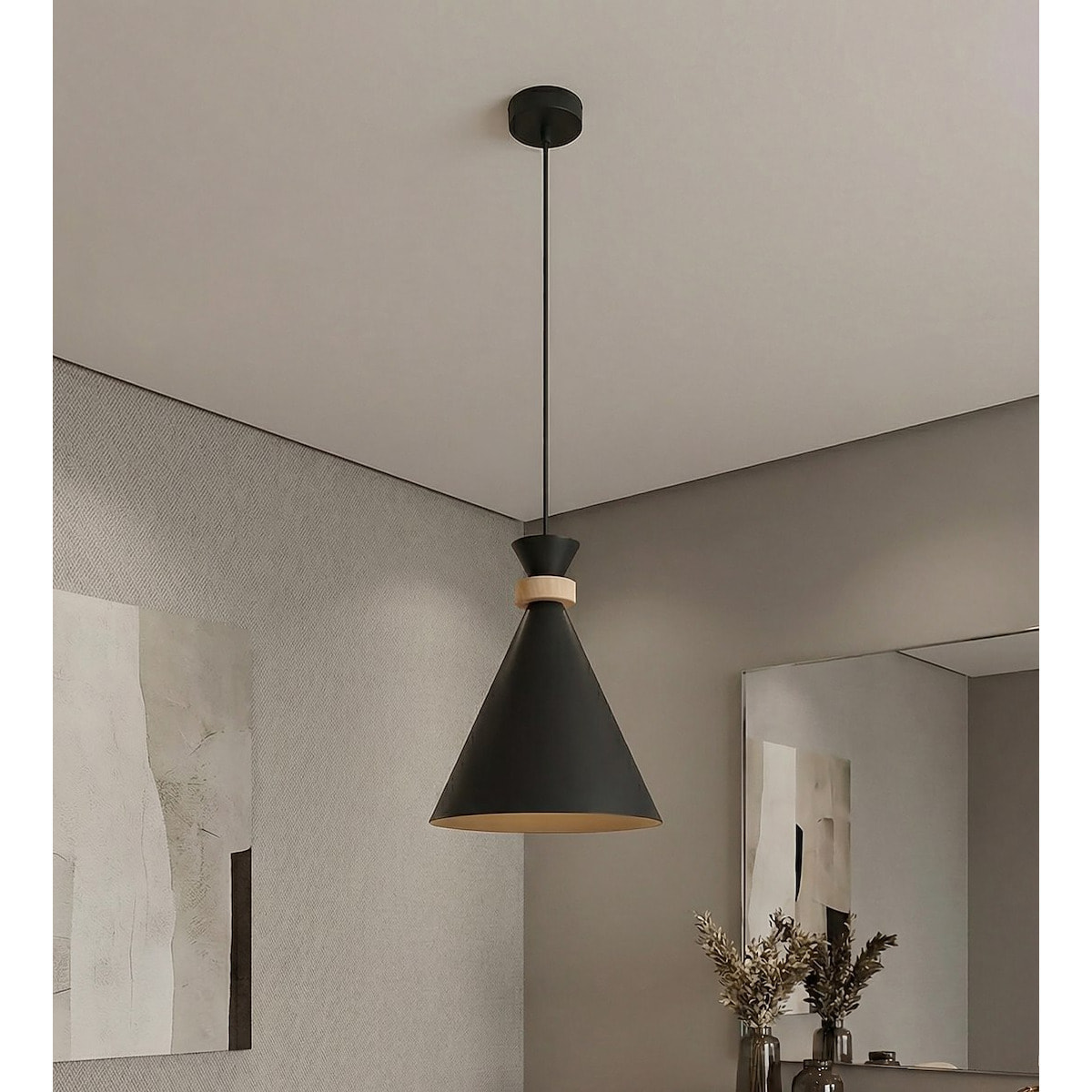 Lampada a sospensione ZERO in acciaio nero e legno