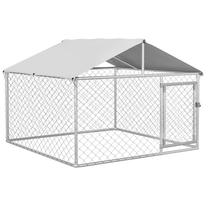 Perrera Jaula de Exterior para Perros Medianos Parque para Perros con Cerradura Marco de Acero Toldo Impermeable y Anti-UV 200x200x150 cm Plata