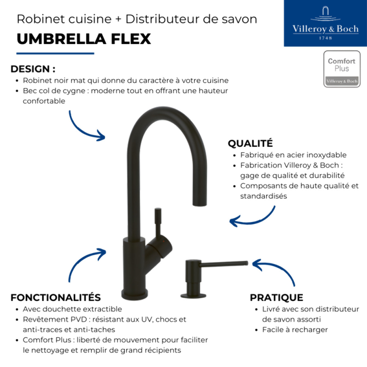 Robinet cuisine VILLEROY ET BOCH Umbrella flex + Distributeur de savon