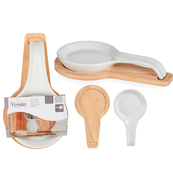 SOPORTE CUCHARA CERAMICA CON BASE BAMBU