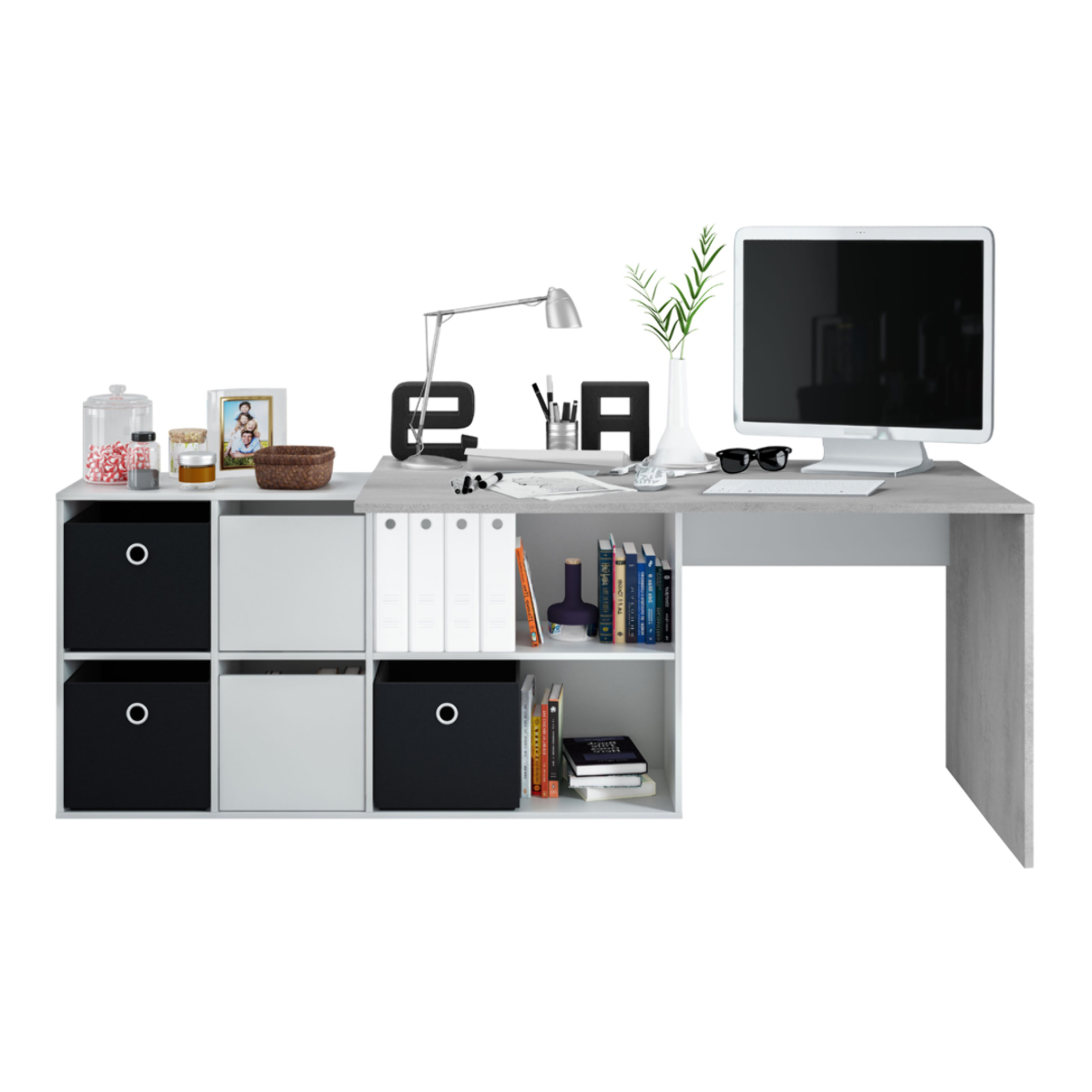 Mesa Escritorio Office 74x136x139 Cm Blanco Artik Y Cemento