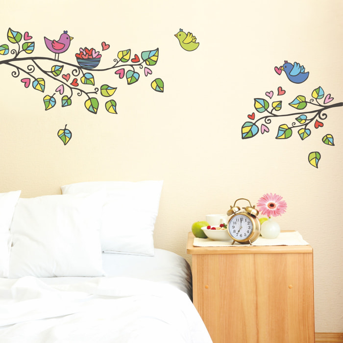 Stickers Muraux décoration adhésifs arbre, oiseaux et cœurs