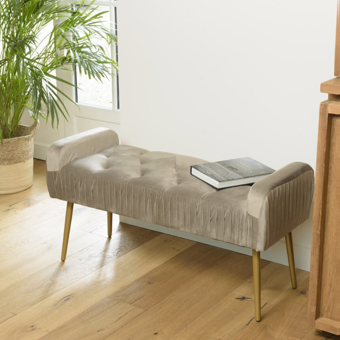 AGATHE - Banc de lit velours taupe pieds métal doré