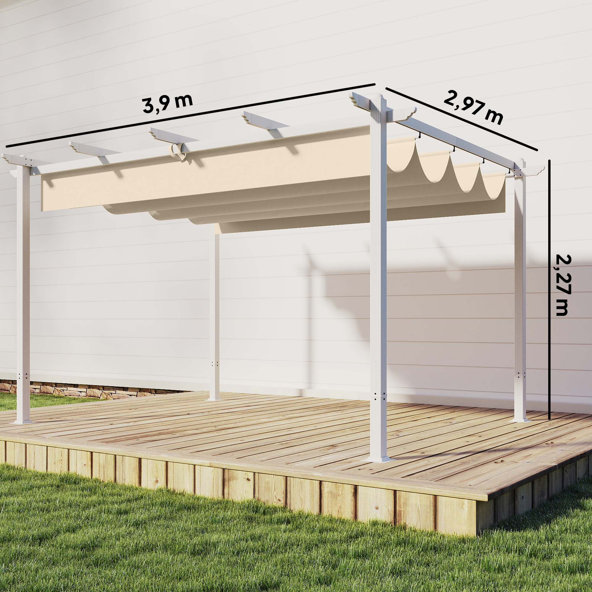 Pérgola de Jardín 4x3 m con Techo Retráctil, Cenador de Jardín con Protección UPF30+, Orificios de Drenaje, Estructura Metálica, Pabellón para Patio, Terraza, Exterior, Beige