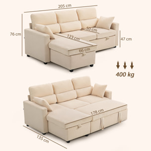 Canapé d'angle convertible velours côtelé avec coffre de rangement dim. 205x135x76cm beige