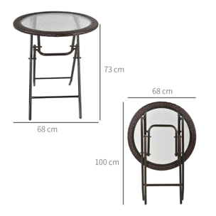 Table ronde bistro de jardin pliable dim. Ø 68 x 73H cm métal époxy résine tressée chocolat plateau verre trempé