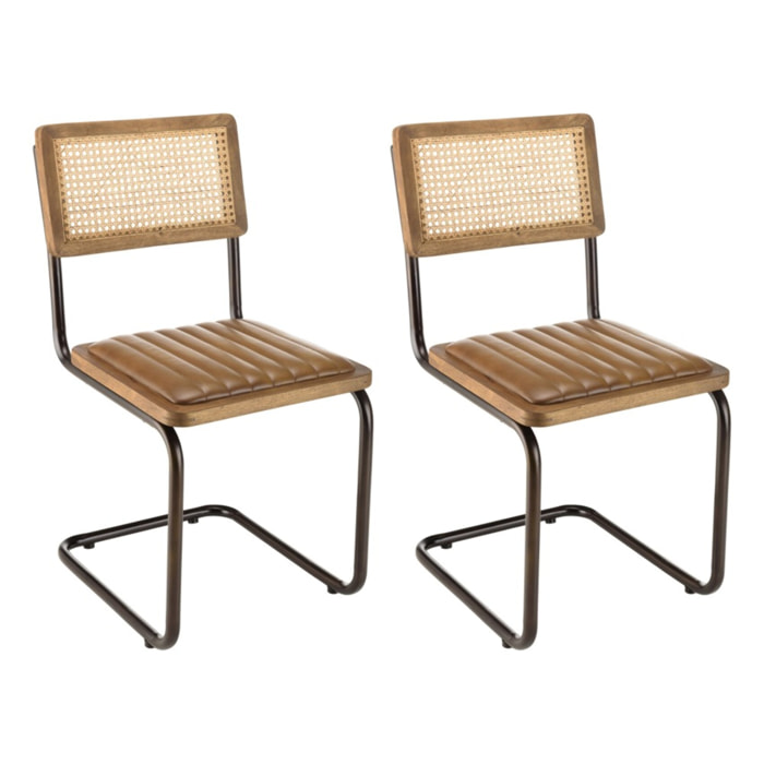 MARCEL - Lot de 2 chaises manguier assise matelassée cuir pieds rétro