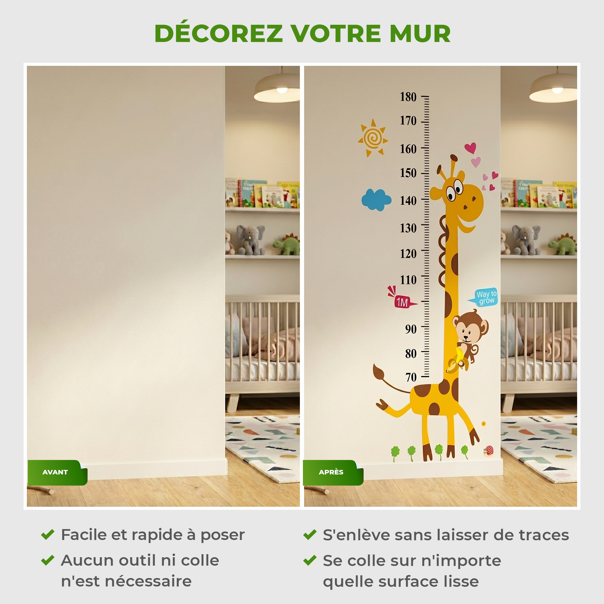 Stickers Muraux décoration adhésifs toise singe et girafe