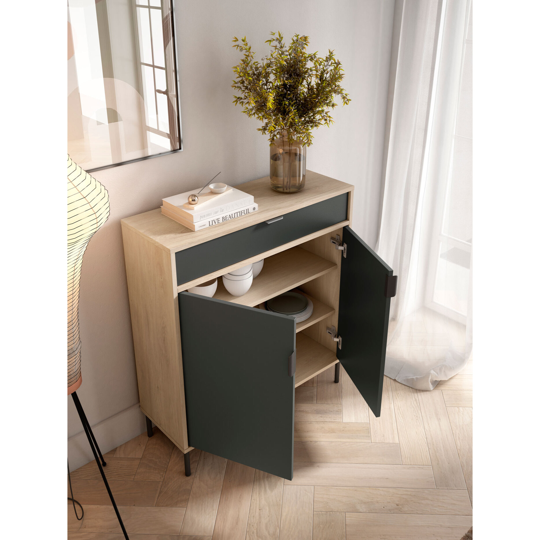 Zapatero Alice melamina roble claro puertas grafito 89x80x29 cm