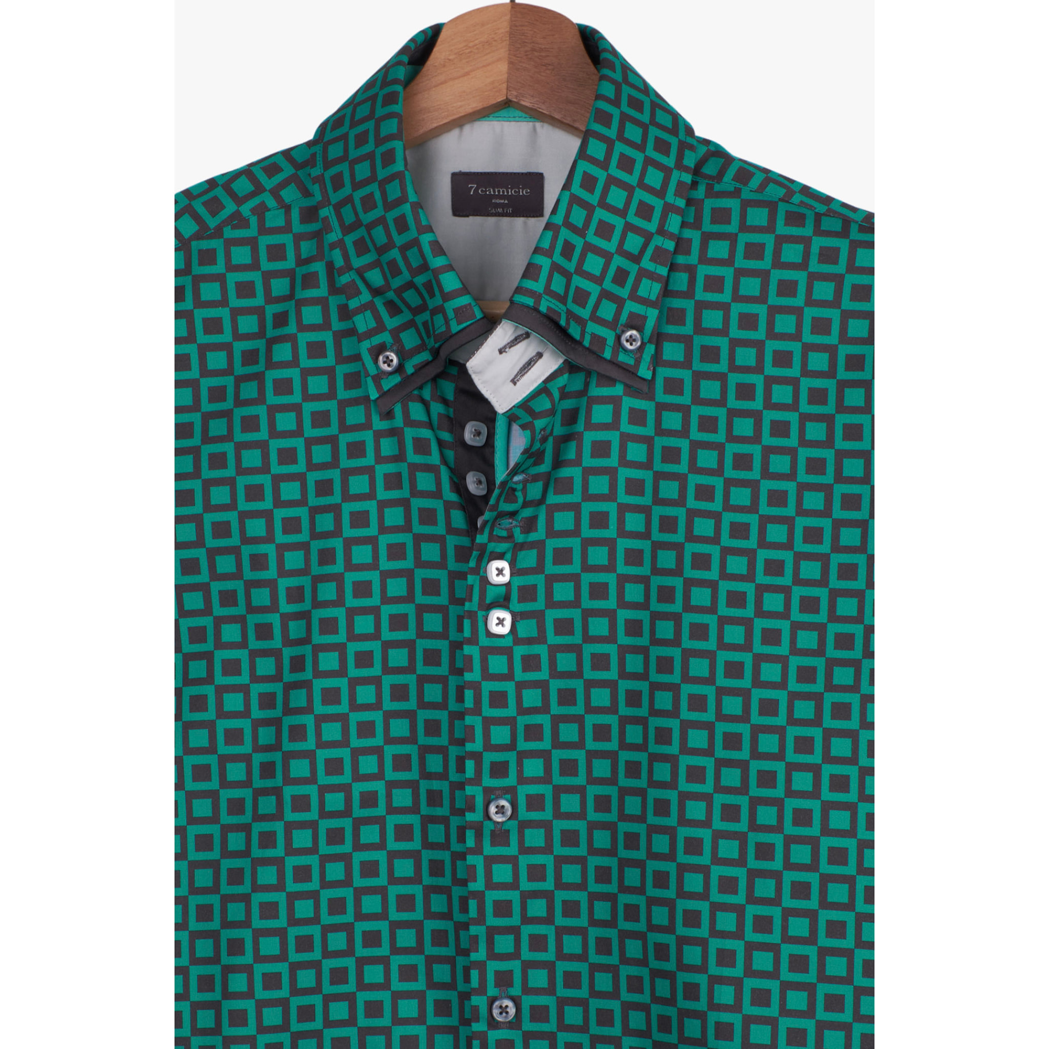 Camicia Uomo 2 Bottoni Button Down 7bottoni Doppio Coll Popeline Stampato Verde Foglia Piombo