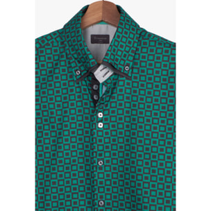 Camicia Uomo 2 Bottoni Button Down 7bottoni Doppio Coll Popeline Stampato Verde Foglia Piombo