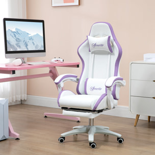 Silla Gaming Ergonómica, Silla Gamer de Cuero PU con Reclinable 135°, Soporte Lumbar, Altura Ajustable, Reposacabezas y Reposapiés Retráctil, para Oficina, Estudio, Blanco y Violeta