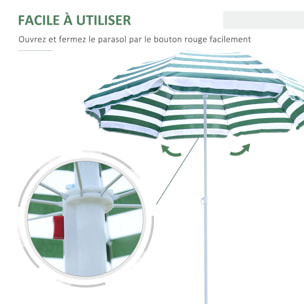 Parasol inclinable octogonal de plage Ø 180 cm tissu polyester haute densité anti-UV mât démontable vert blanc rayé