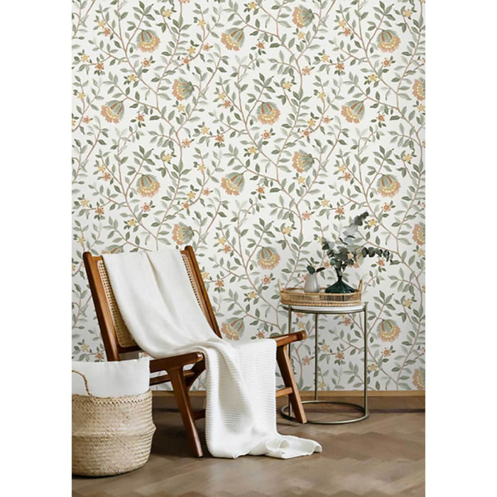 Papier peint fleuri botanique fond blanc cassé
