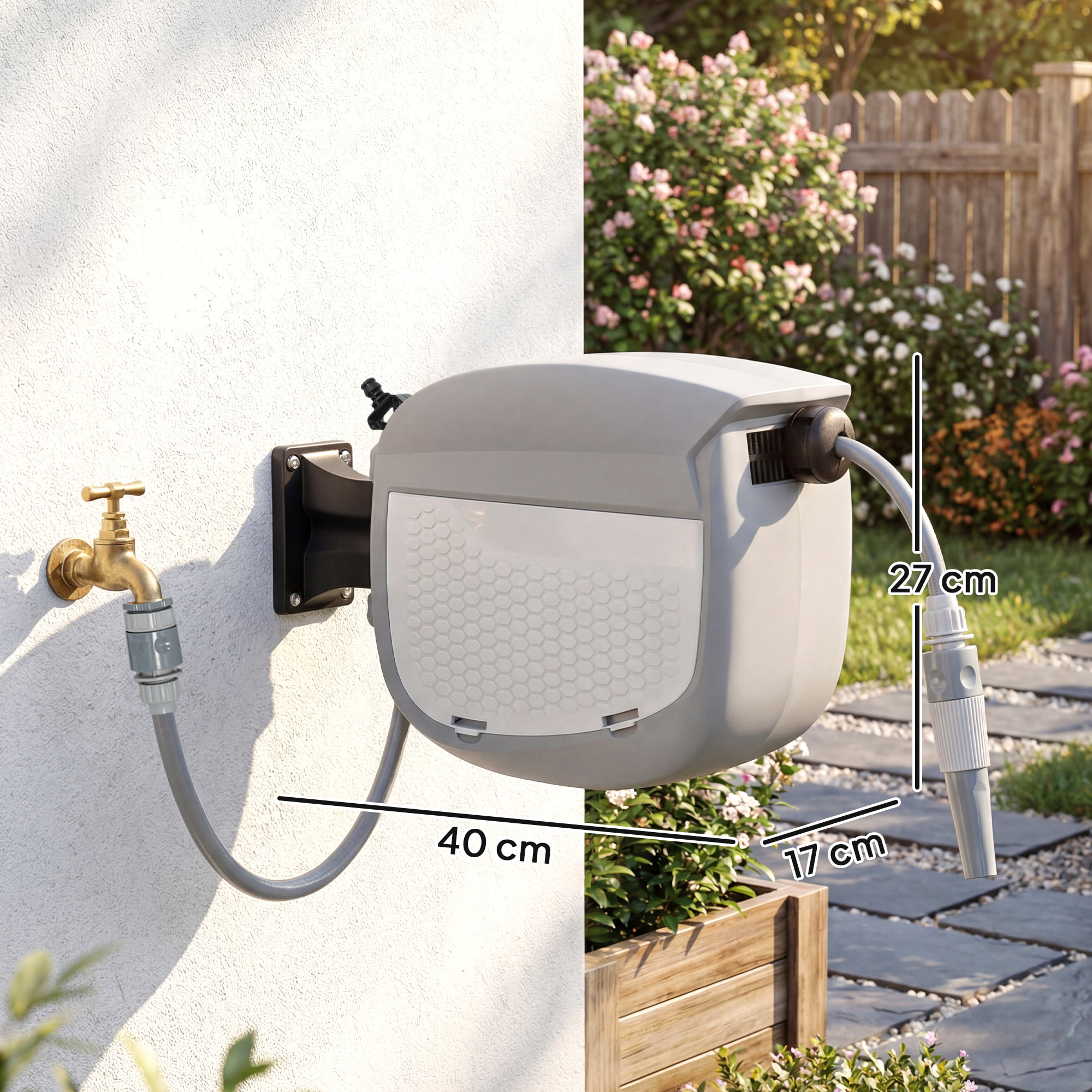 Enrollador de Manguera para Jardín 10+1 m con Boquilla de 2 Modos, Carrete de Manguera de Jardín de Pared con Bloqueo Automático y Retracción Controlada, Soporte Orientable 180°, Gris