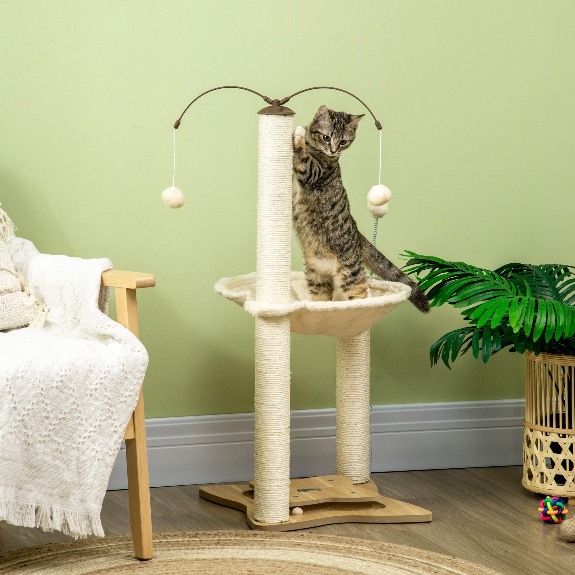 Árbol Rascador para Gatos con Hamaca Postes de Sisal Altura 90 cm Torre para Gatos con Bolas Colgantes Giratorias Bola Divertida y Múltiples Juegos 53,5x53,5x90 cm Beige