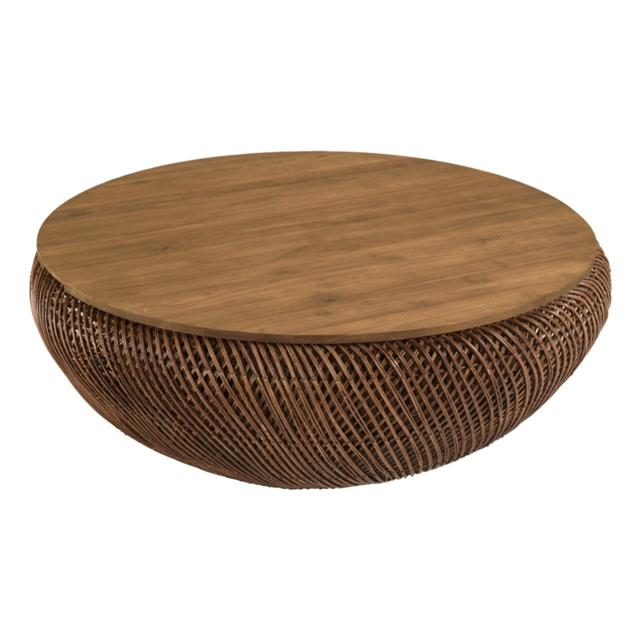 SIXTINE - Table basse en rotin couleur marron et bois de teck recyclé D100cm