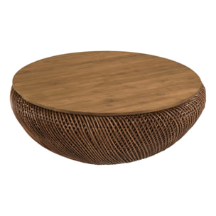 SIXTINE - Table basse en rotin couleur marron et bois de teck recyclé D100cm