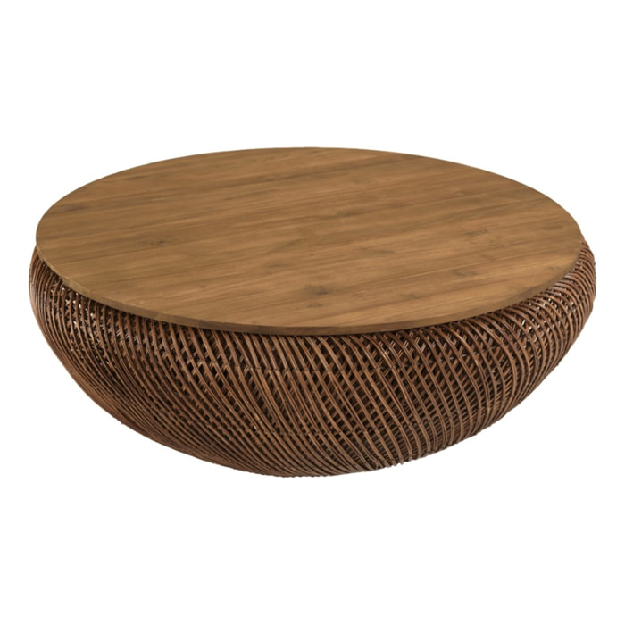 SIXTINE - Table basse en rotin couleur marron et bois de teck recyclé D100cm
