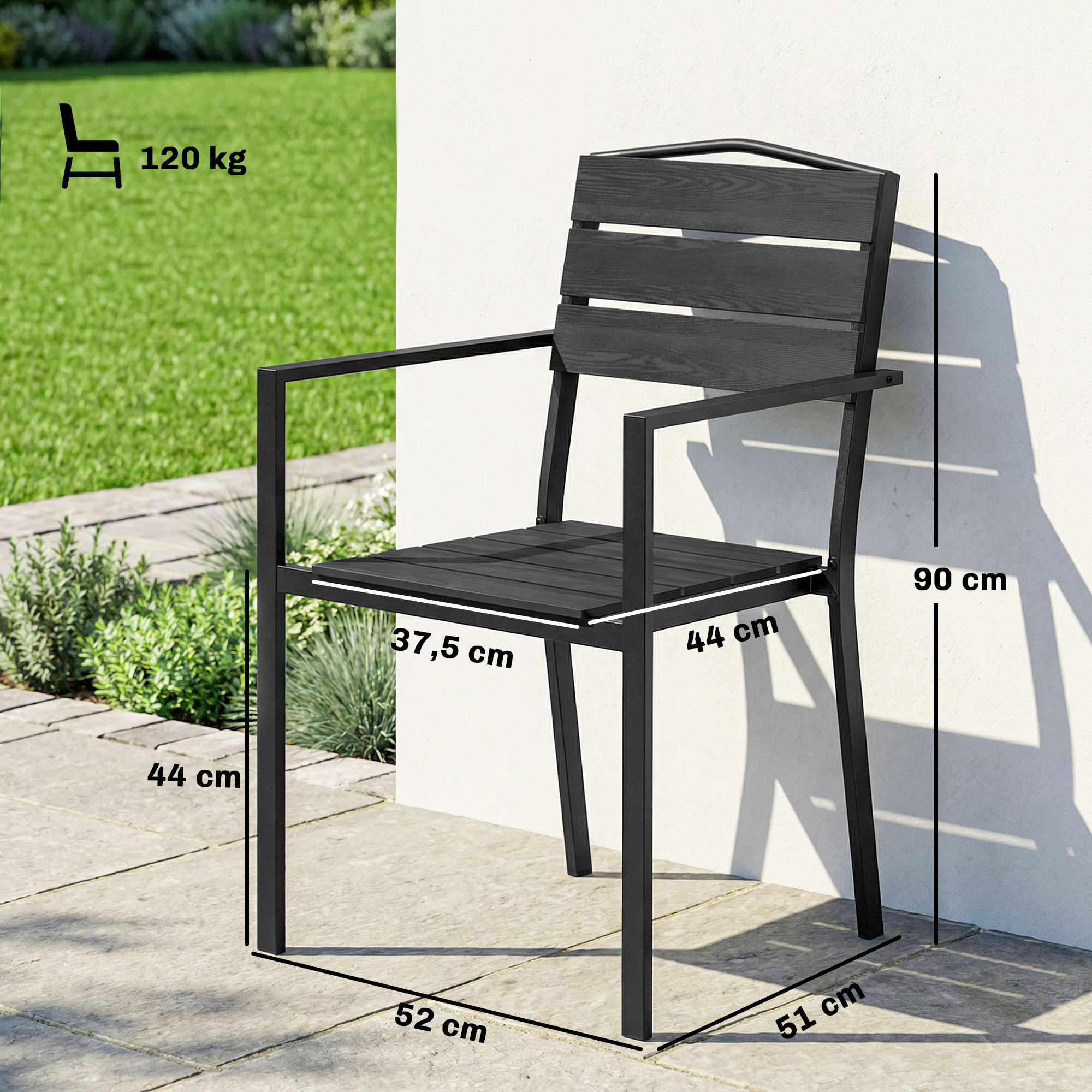 Juego de 4 Sillas de Jardín Exterior Apilables, Sillas Terraza Exterior con Reposabrazos, Asiento y Respaldo de HDPE con Listones, Estructura Metálica Resistente, 52x51x90 cm, Negro