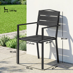 Juego de 4 Sillas de Jardín Exterior Apilables, Sillas Terraza Exterior con Reposabrazos, Asiento y Respaldo de HDPE con Listones, Estructura Metálica Resistente, 52x51x90 cm, Negro