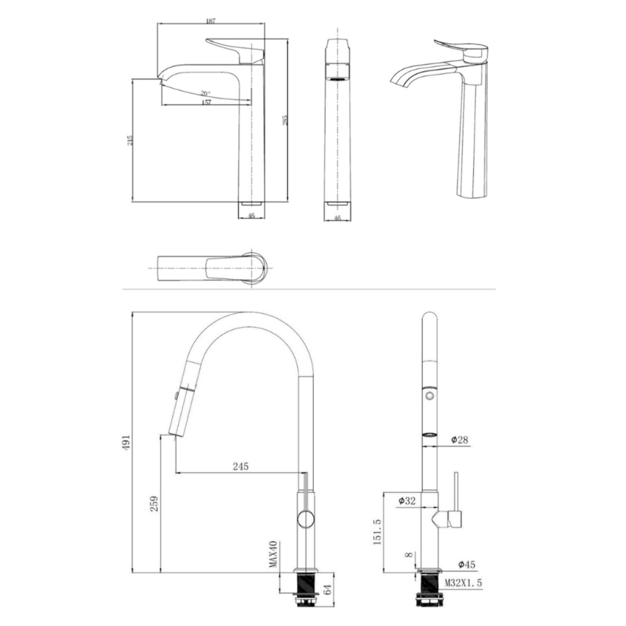 set mitigeur lavabo haut + mitigeur cuisine avec douchette extractible et bras pivotant, chrome (SATINFBSD285)