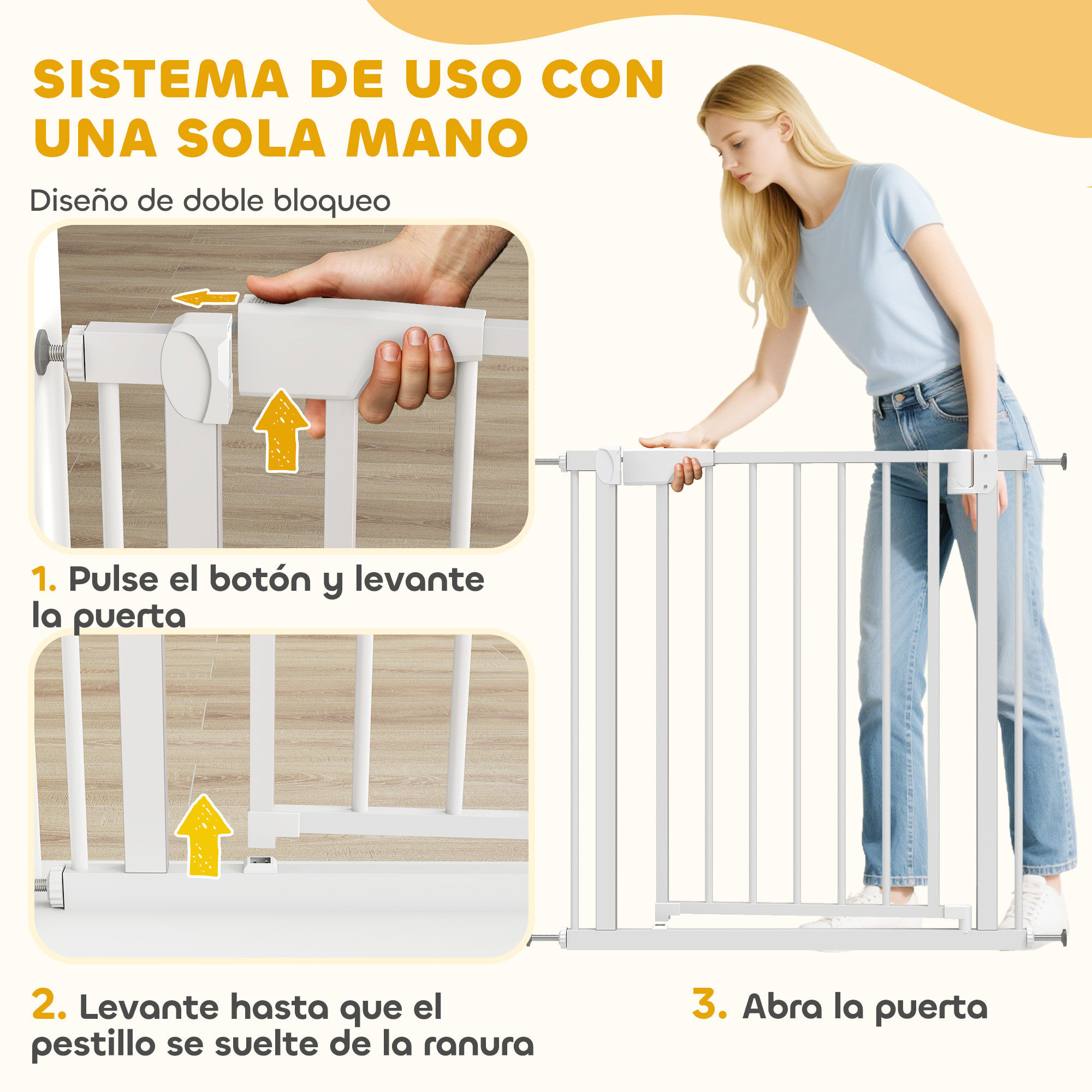 Barrera de Seguridad para Niños y Perros, Ancho 76-82 cm, Puerta para Perros, Bloqueo Doble, Cierre Automático, Apertura Dos Sentidos, para Puertas, Escaleras, Montaje a Presión, Blanco