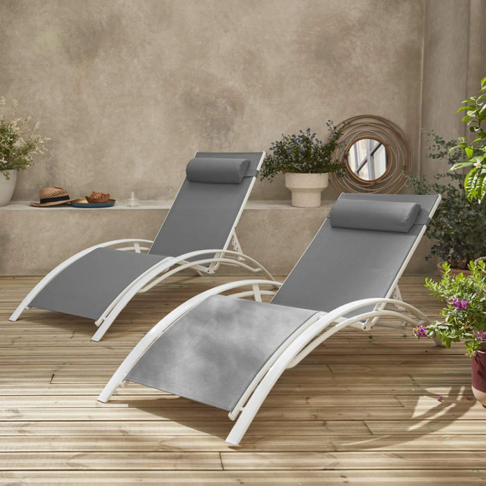 Duo de bains de soleil aluminium - Louisa Gris blanc - Transats aluminium et textilène
