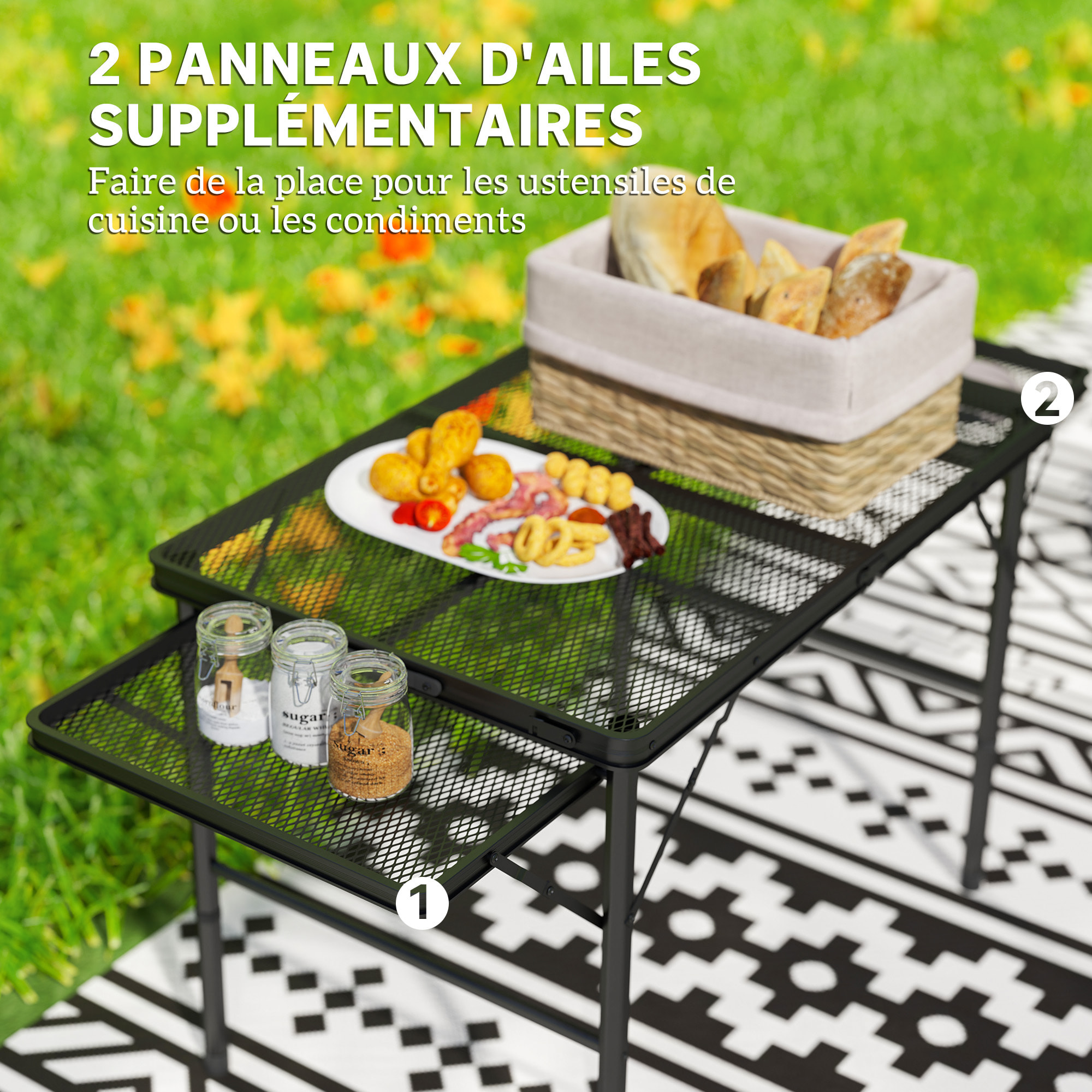 Table de camping pliante portable hauteur réglable 2 étagères piètement alu maille métal noir