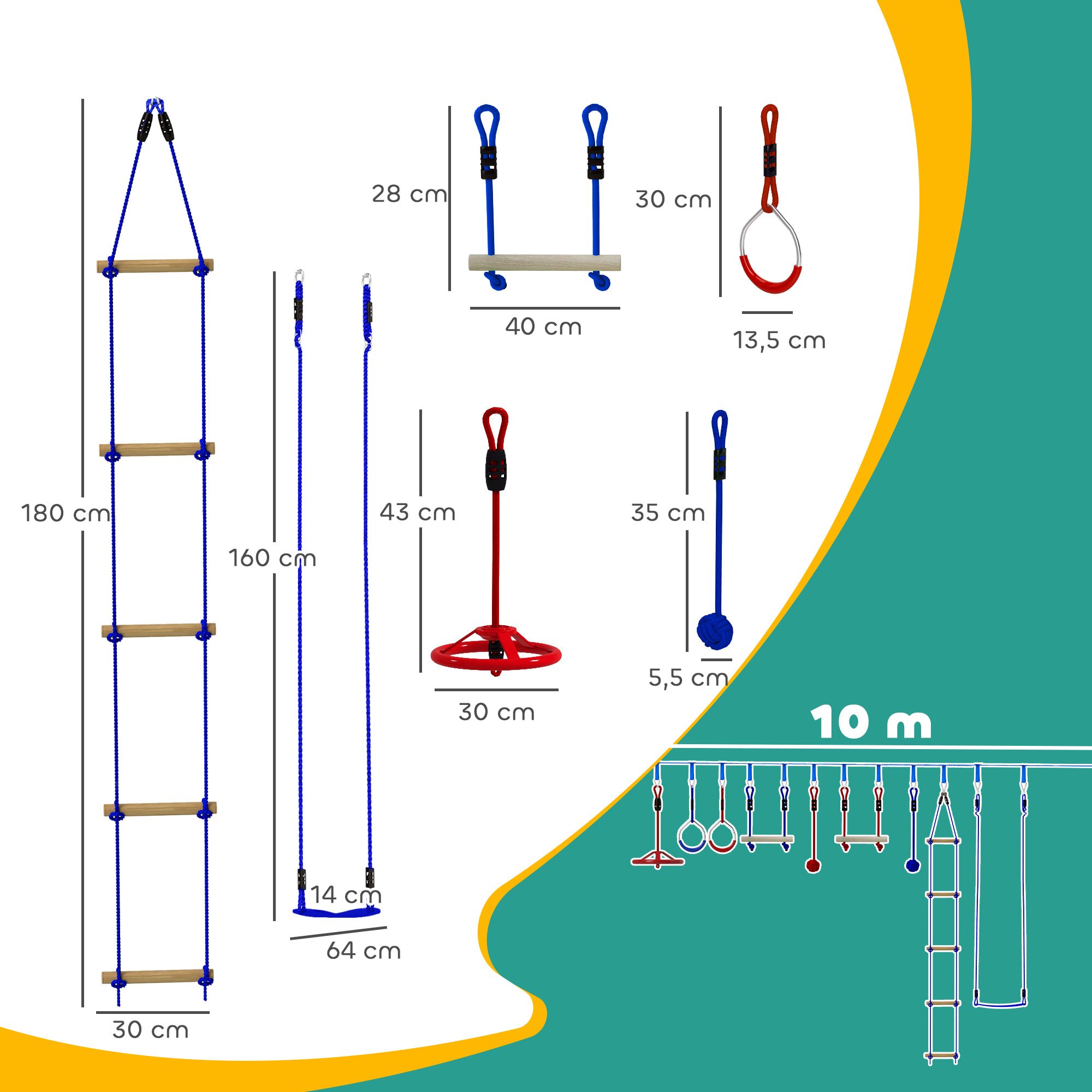 Parcours d'obstacles ninja enfant 10m 10 accessoires max. 50Kg - slackline, sac transport - rouge bleu