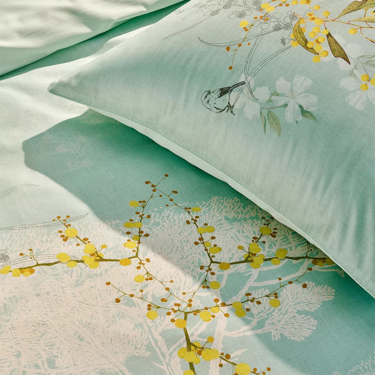 Taie d'oreiller satin de coton imprimé bleu Mimosas d'ete turquoise