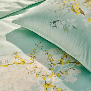 Taie d'oreiller satin de coton imprimé bleu Mimosas d'ete turquoise