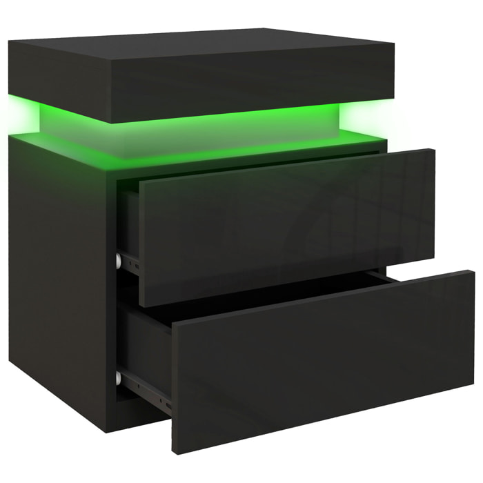 Chevet table de nuit design LED réglable 2 tiroirs façade laquée télécommande noir