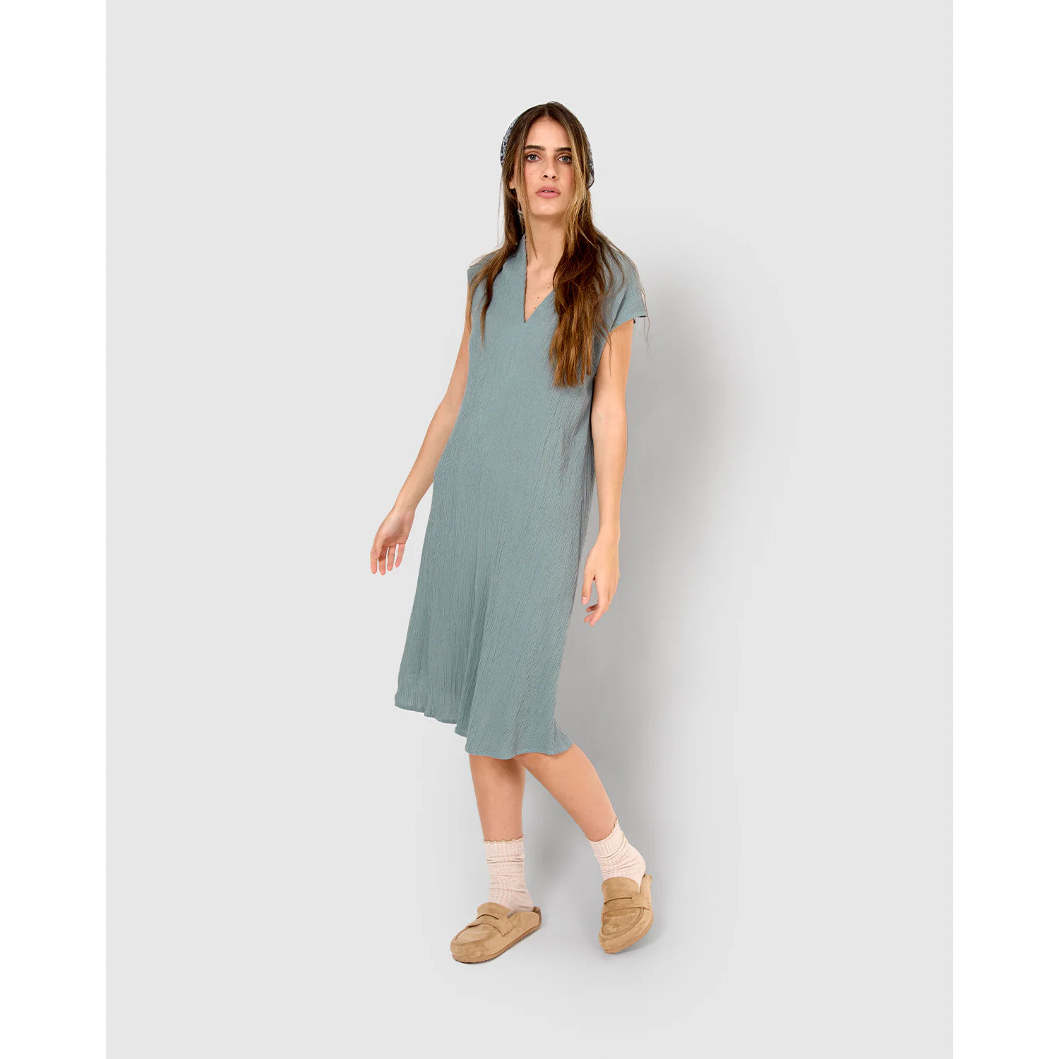 Vestido corto algodón lino verde azulado
