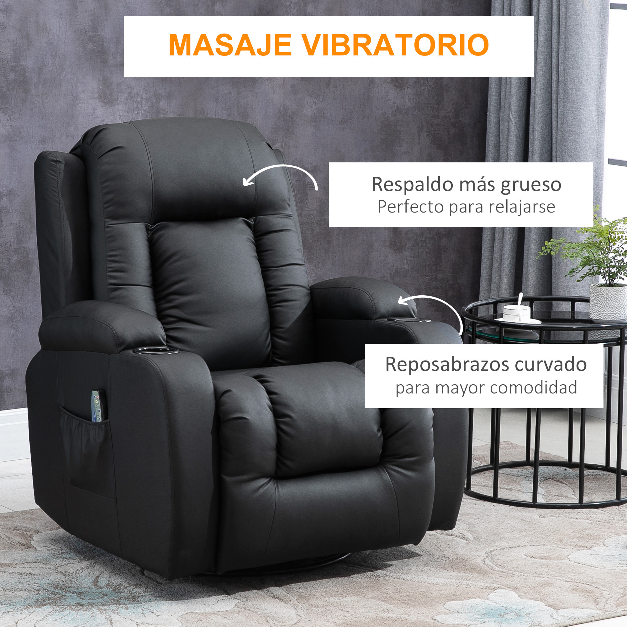 Sillón de Masaje Reclinable hasta 150° Silla para Relajación con 8 Puntos de Masaje Vibrante Función de Calefacción Giratorio Mando a Distancia 85x94x104 cm Negro