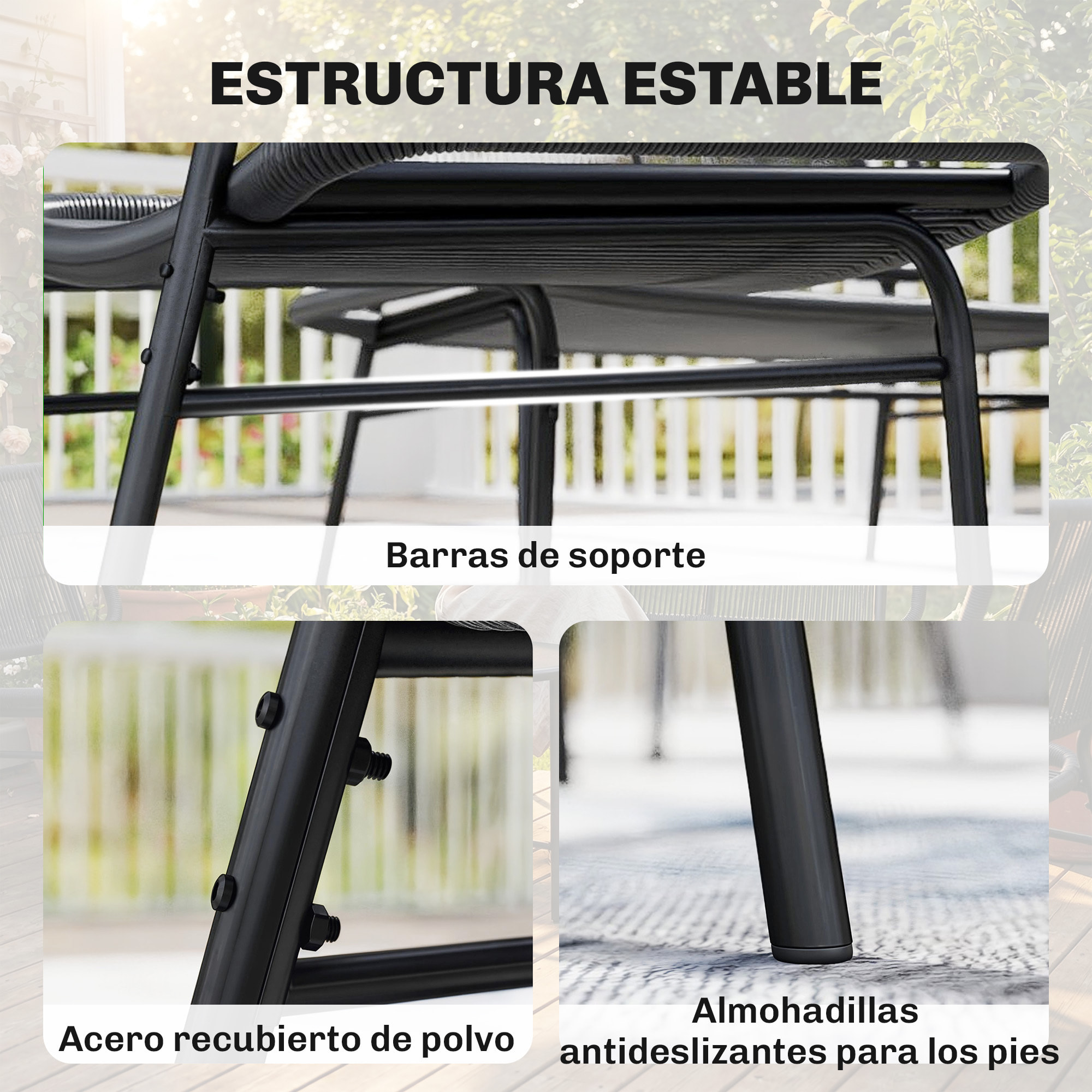 Conjunto de Jardín Exterior de Ratán, Conjunto Terraza Resistente a la Intemperie, Muebles Jardín Exterior 4 Piezas Incluye Sofá de 2 Plazas, 2 Sillas, Mesa de Centro con Tapa Metálica, Negro