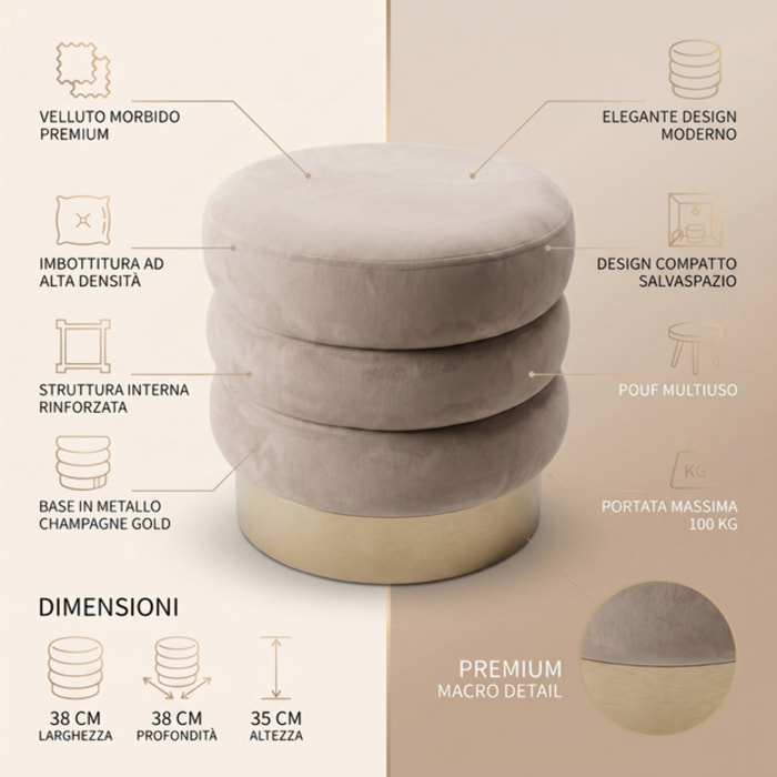 Pouf rotondo in velluto con base oro Ø38x38 cm, sgabello imbottito design moderno elegante, seduta decorativa per salotto camera da letto ingresso cabina armadio, pouf velvet con struttura resistente fino a 100 kg