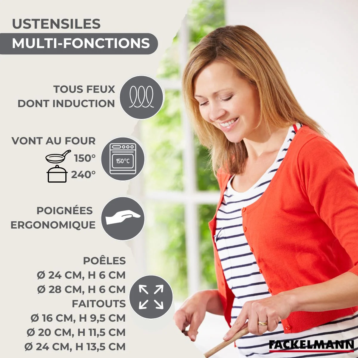 Lot 3 Poêles Inox 20/24/28cm  Fackelmann Geneva & 3 Faitouts 16/20/24cm avec 5 Ustensiles Fackelmann