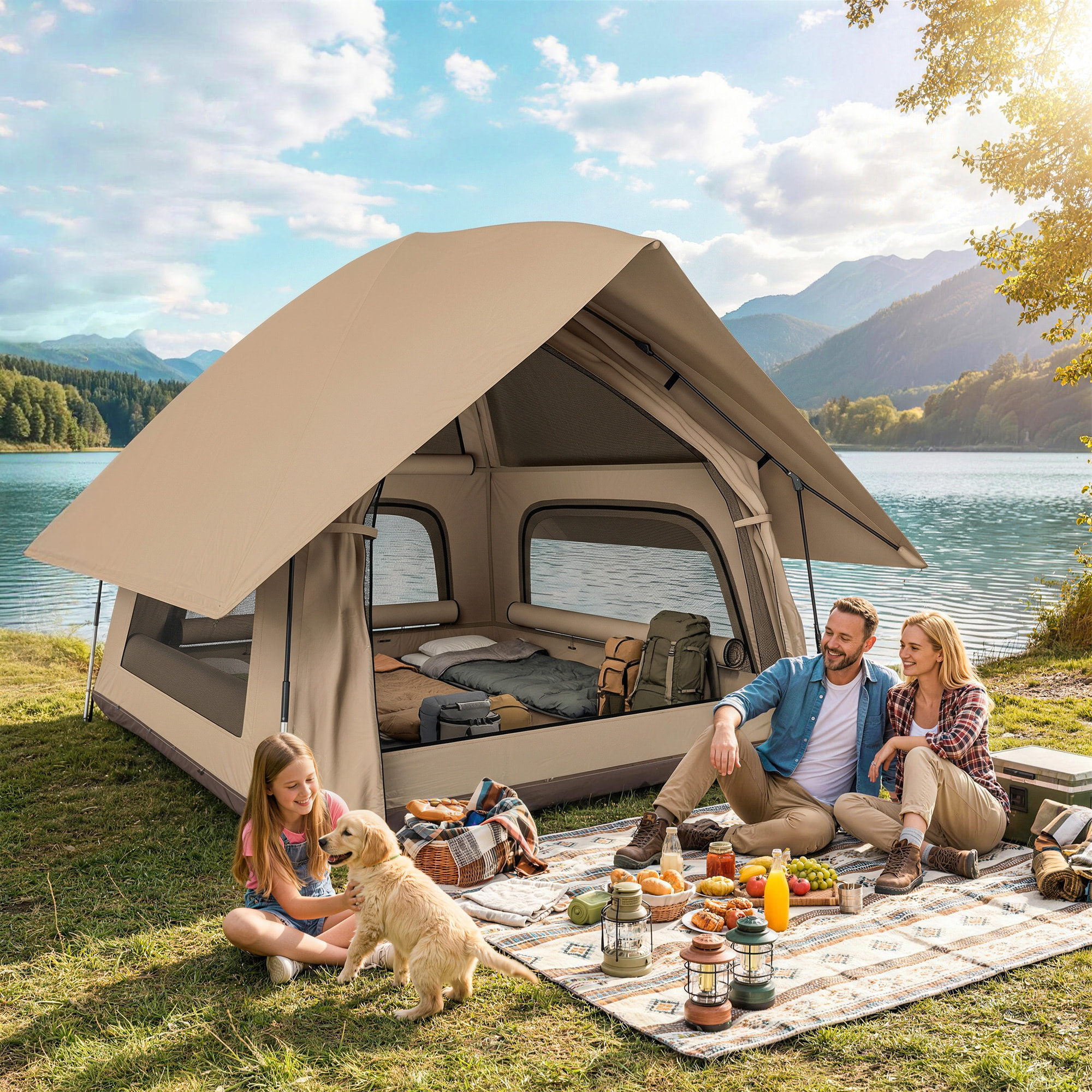 Tienda de Campaña Pop-up para 2-3 Personas, Tienda de Camping Plegable Portátil, Impermeable 3000 mm con 3 Ventanas, 3 Claraboyas, Base, Bolsa Transporte para Senderismo 235x235x184 cm, Caqui