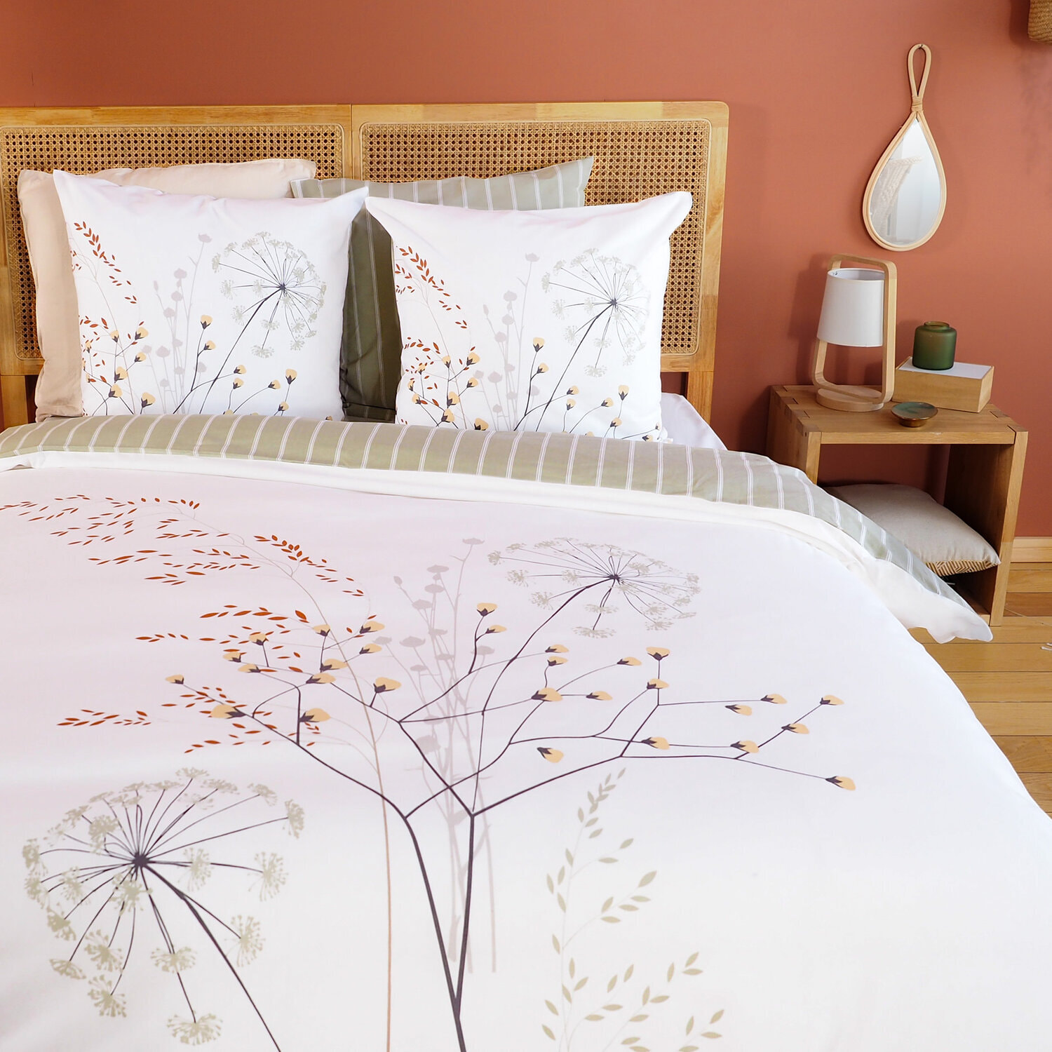 Parure housse de couette imprimé 100% coton - soliflore - blanc